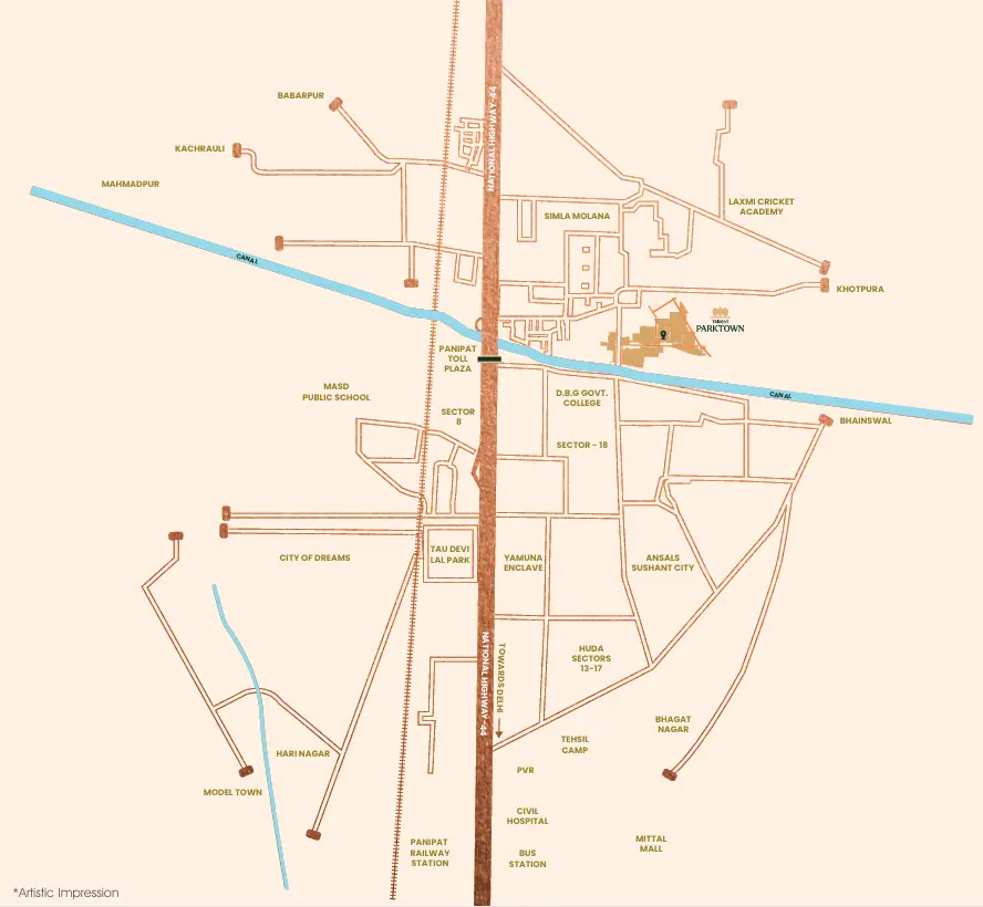 Trident Parktown Panipat location map showing NH-44 and nearby landmarks