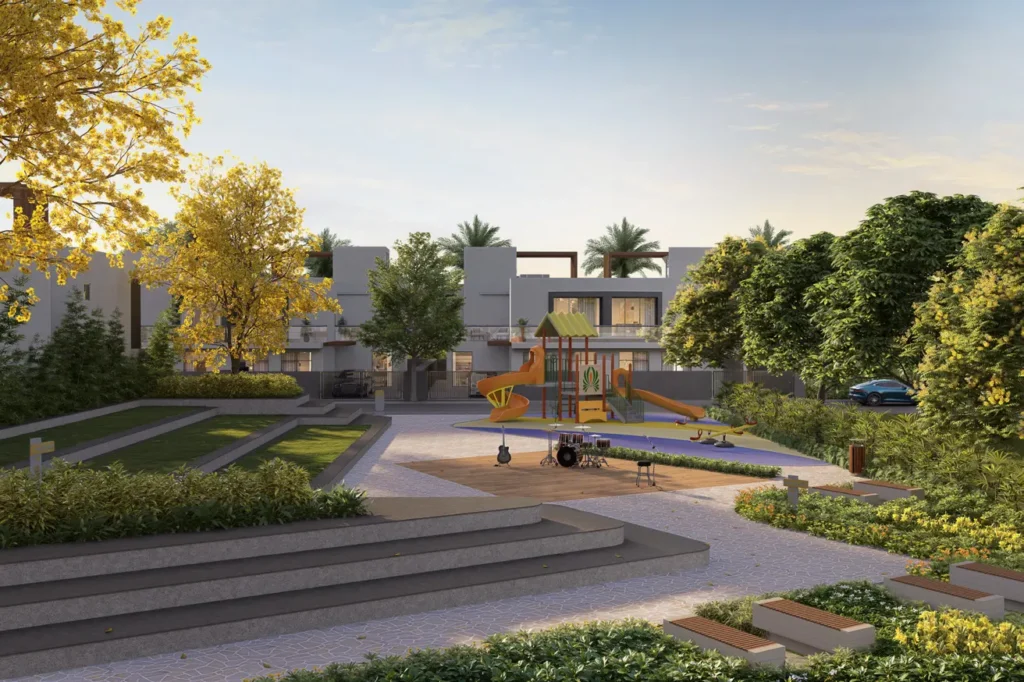 Trident Parktown Panipat kids play area with landscaped green spaces and seating