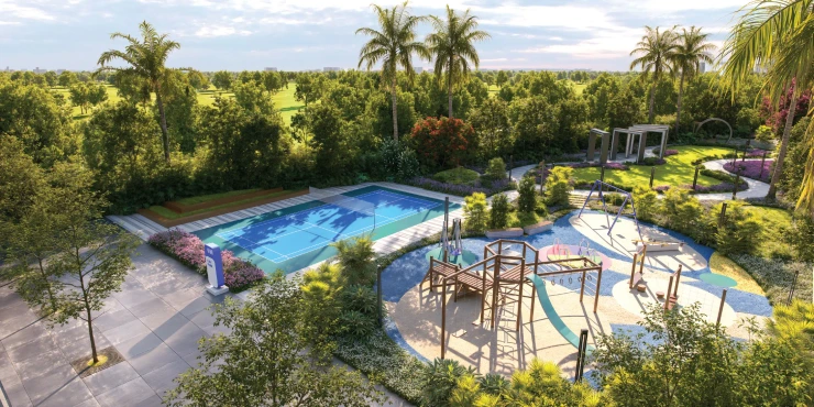 Trident Parktown Panipat swimming pool and kids play area with landscaped greens