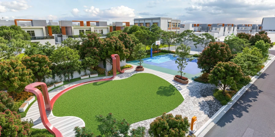 Trident Parktown Panipat sports and kids play area with basketball court and landscaped lawn