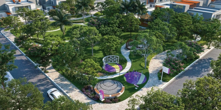 Trident Parktown Panipat landscaped park with walking paths and seating areas
